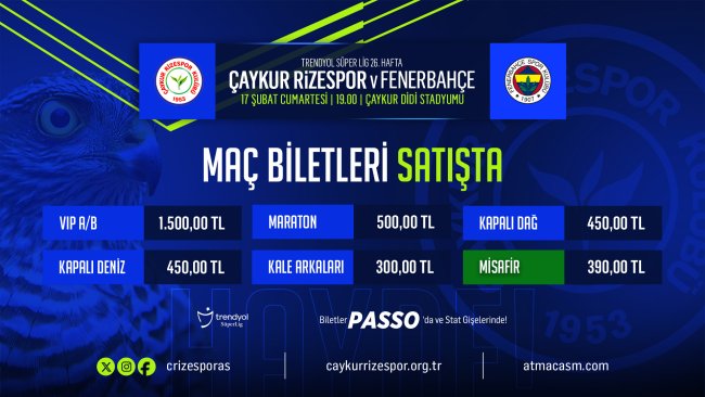 Çaykur Rizespor – Fenerbahçe Maçı Biletleri Satışa Çıktı